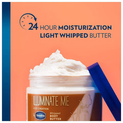 Product shot emphasizing 24-hour moisturization claim for Vaseline Illuminate Me