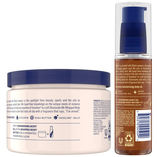 Vaseline Illuminate Me body oil bottle with copper shimmer for luminous glow.