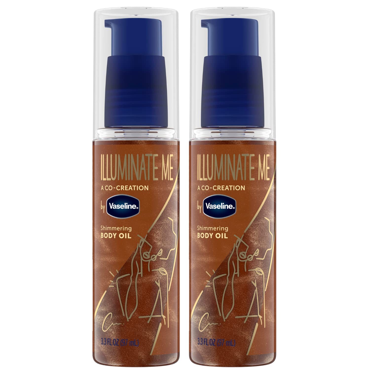 Vaseline Illuminate Me shimmering body oil bottle shows warm copper glow.