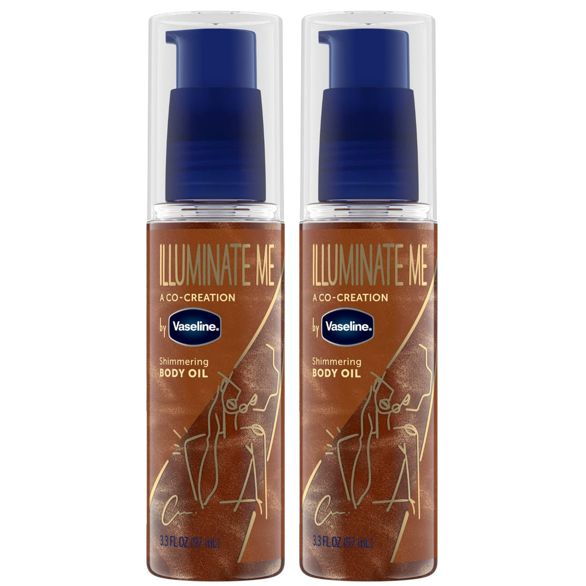 Vaseline Illuminate Me shimmering body oil bottle shows warm copper glow.