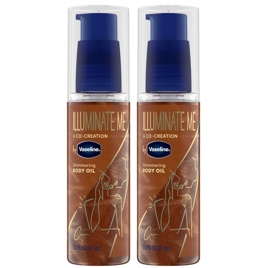 Vaseline Illuminate Me shimmering body oil bottle shows warm copper glow.