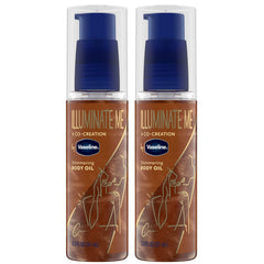 Vaseline Illuminate Me shimmering body oil bottle shows warm copper glow.