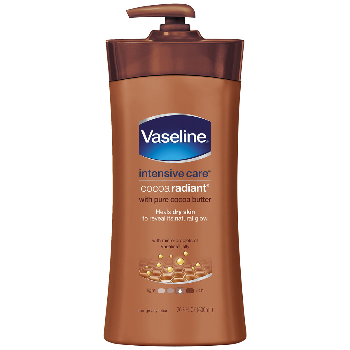 Vaseline Intensive Care Cocoa Radiant lotion bottle application for smooth skin.
