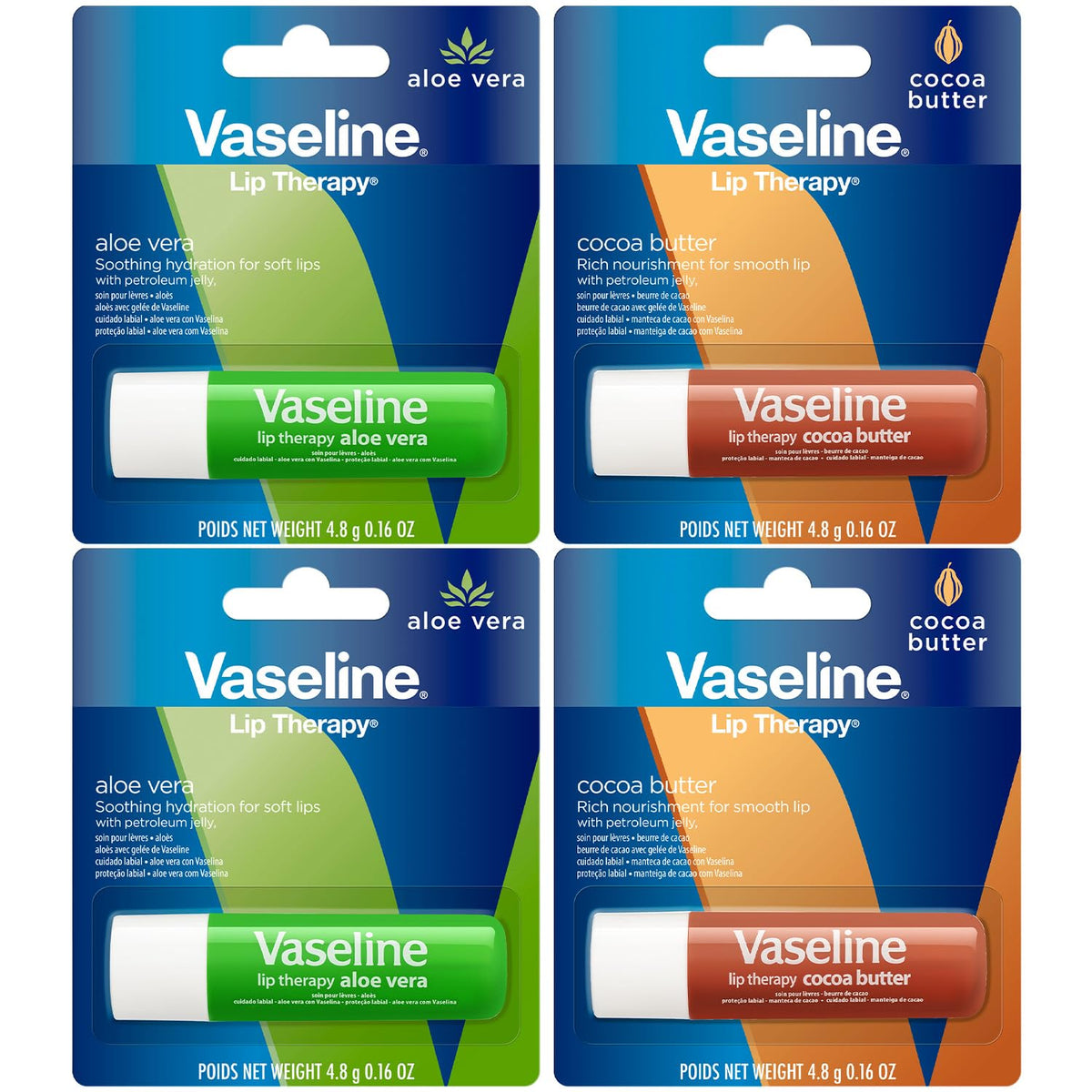 Vaseline Lip Therapy 4-pack with cocoa butter and aloe vera for daily moisture.