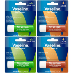 Vaseline Lip Therapy 4-pack with cocoa butter and aloe vera for daily moisture.