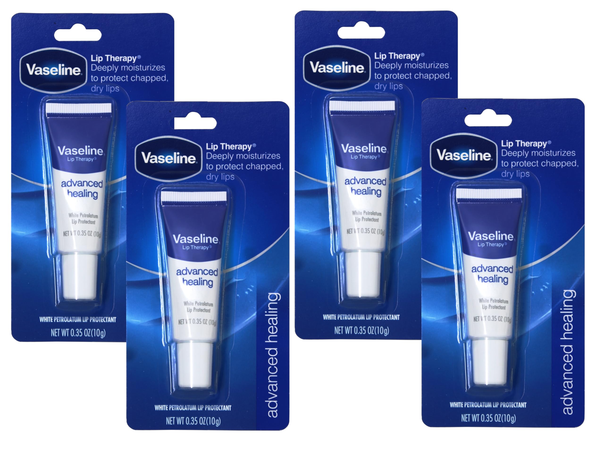 Vaseline Lip Therapy Advanced Formula front view with four-pack for daily lip care