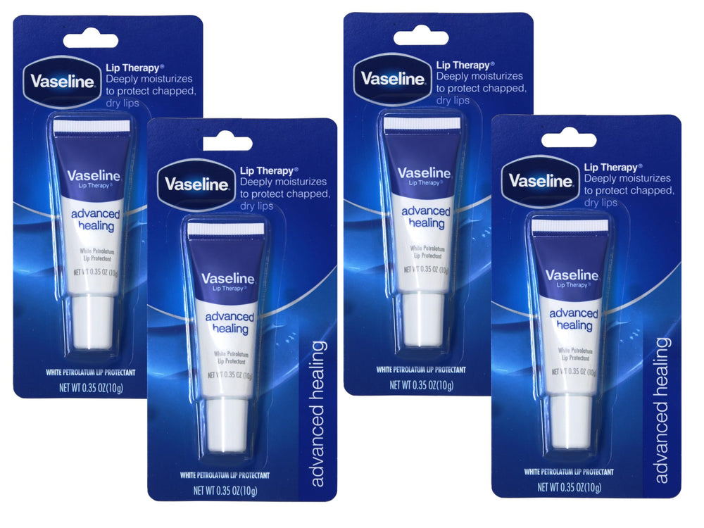Vaseline Lip Therapy Advanced Formula front view with four-pack for daily lip care