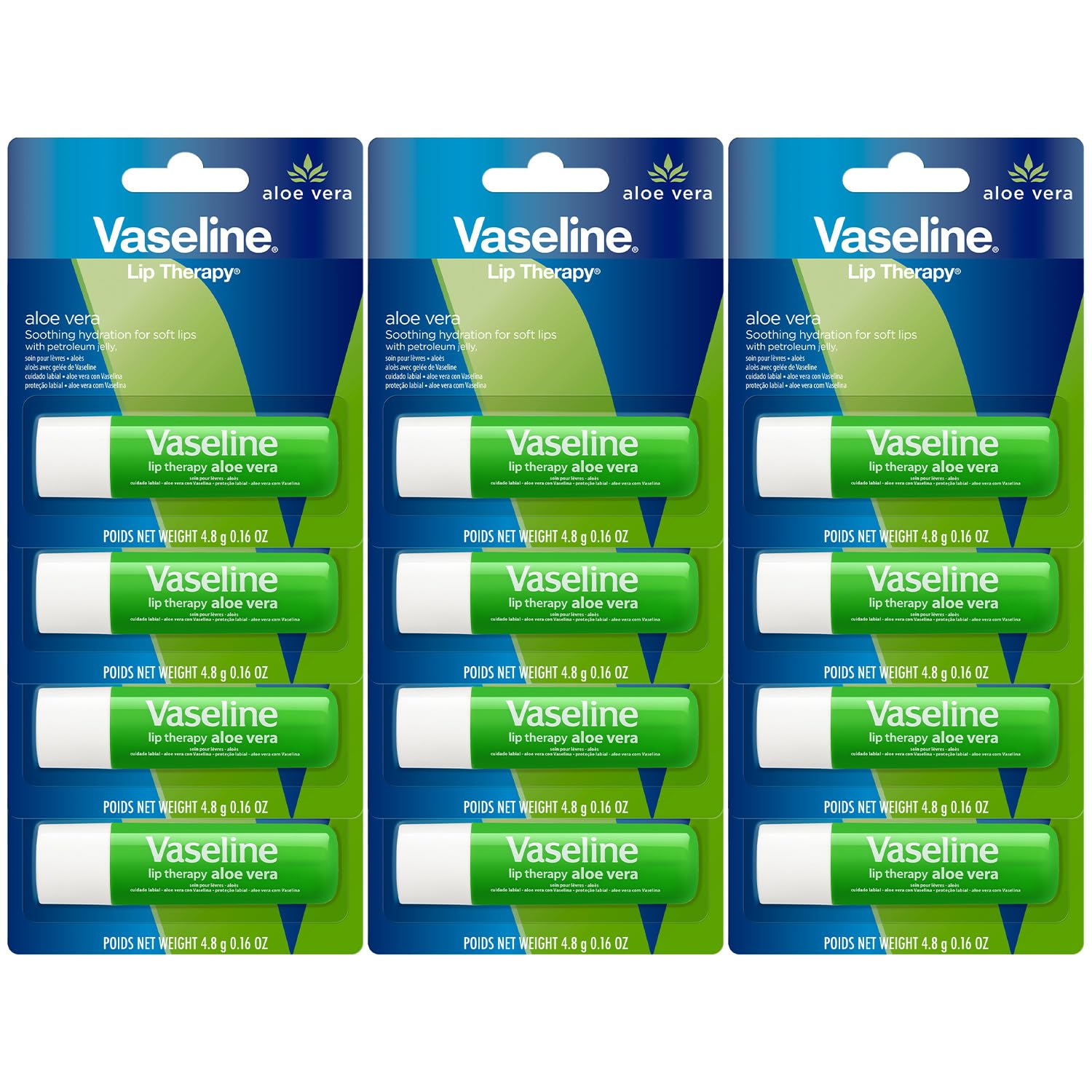 Vaseline Lip Therapy Aloe Fresh 12-pack front view, travel-ready lip care kit.