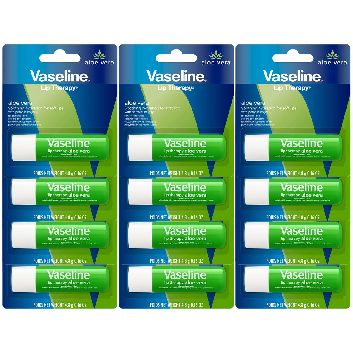 Vaseline Lip Therapy Aloe Fresh 12-pack front view, travel-ready lip care kit.