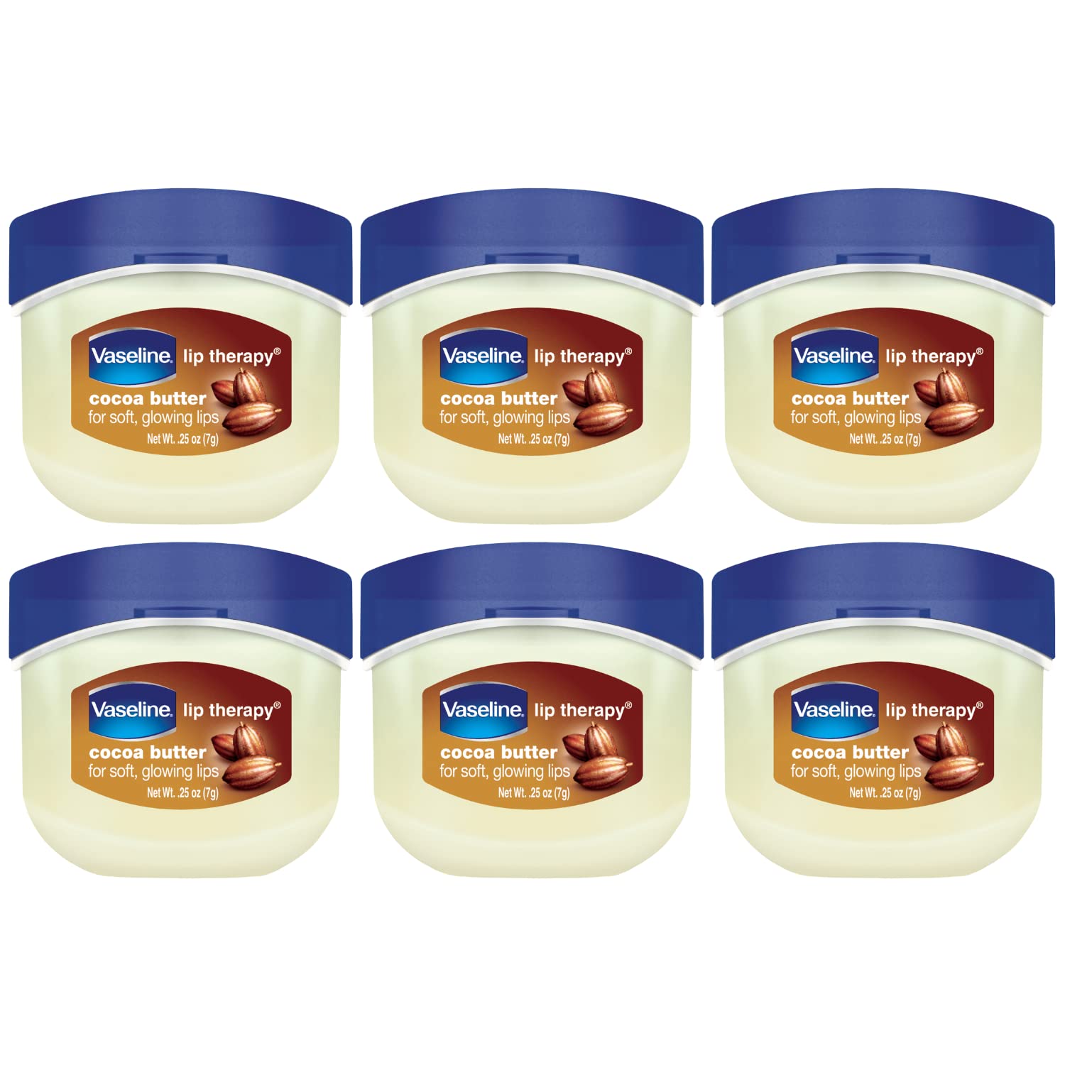 Vaseline Lip Therapy Cocoa Butter mini jar close-up showing smooth lips.
