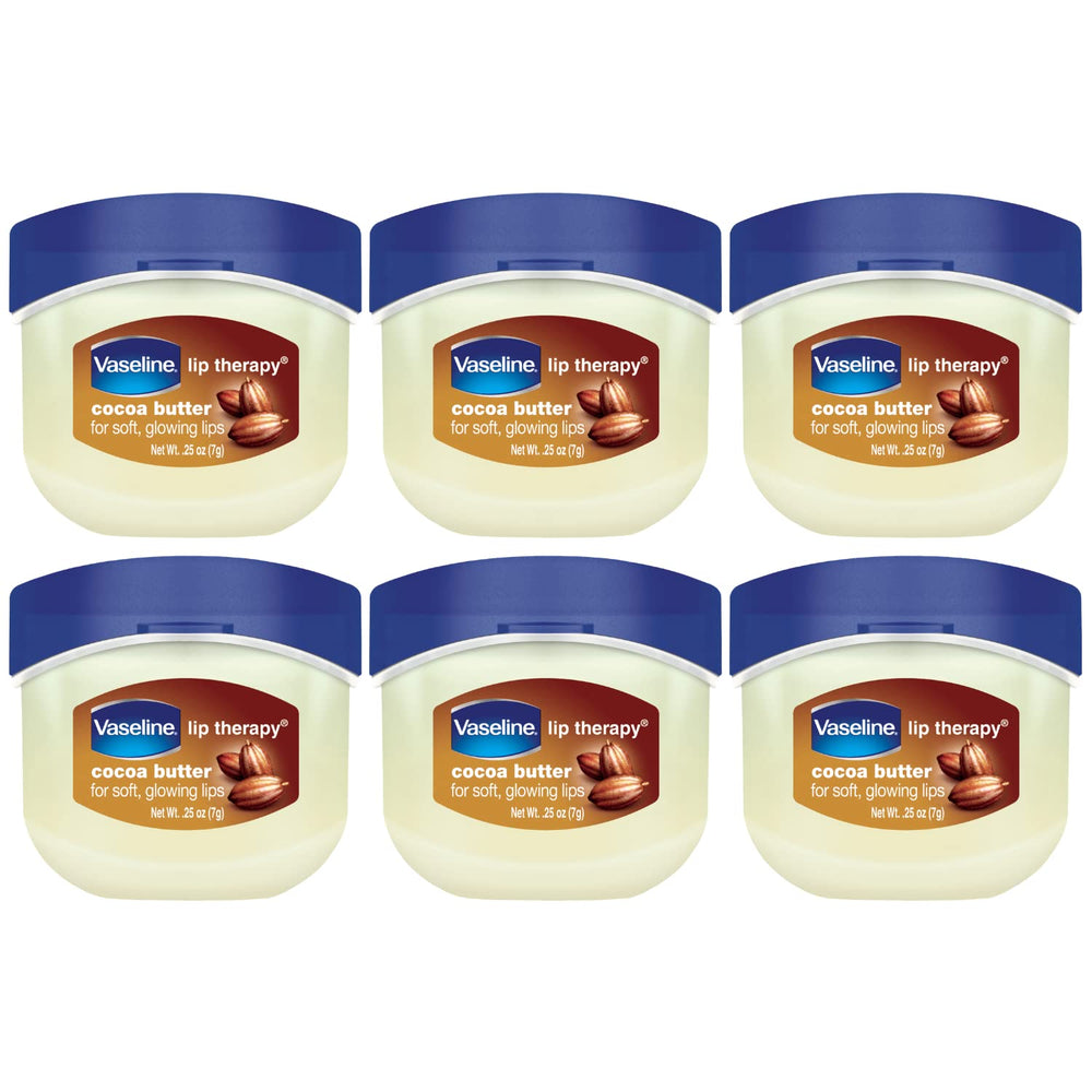 Vaseline Lip Therapy Cocoa Butter mini jar close-up showing smooth lips.