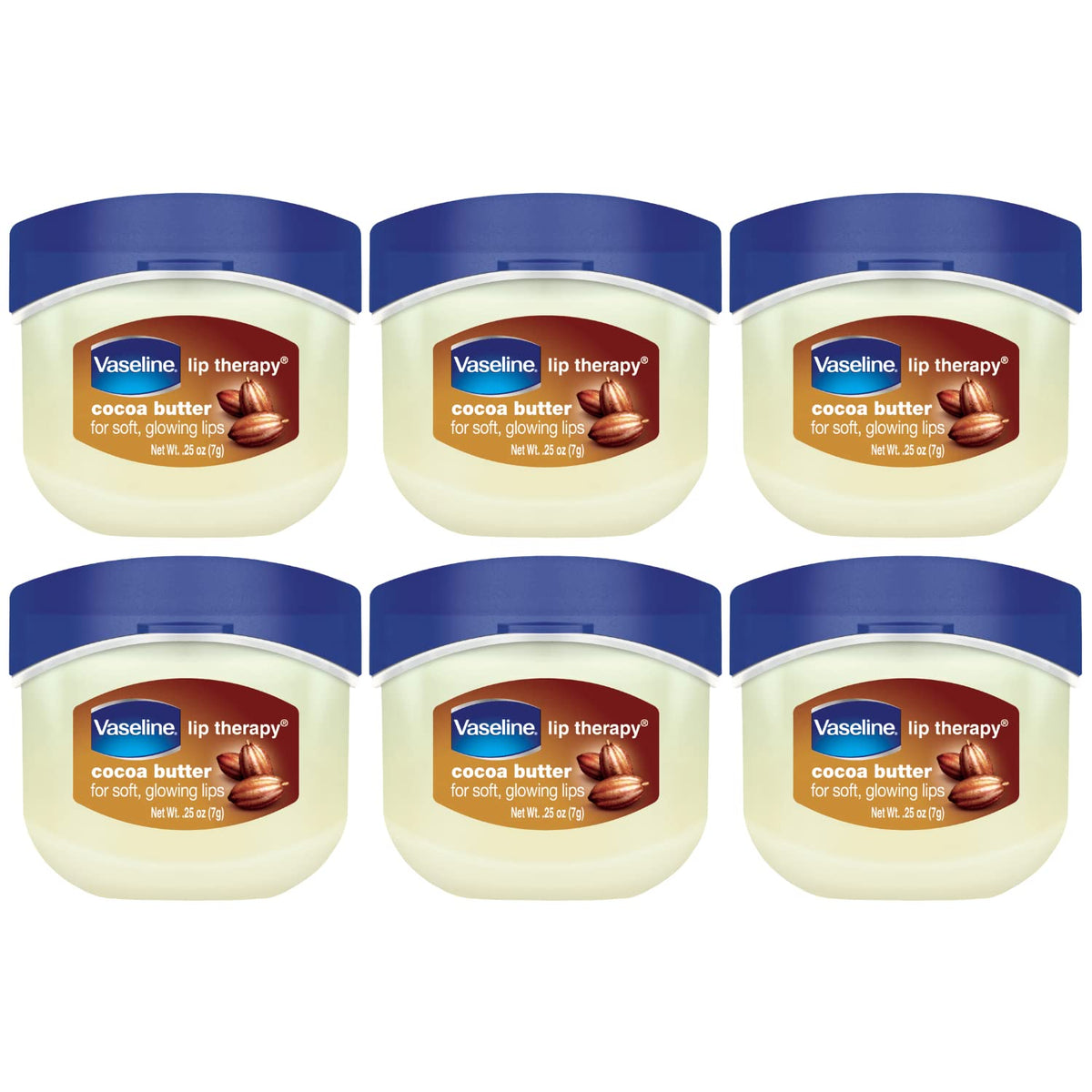 Vaseline Lip Therapy Cocoa Butter mini jar close-up showing smooth lips.