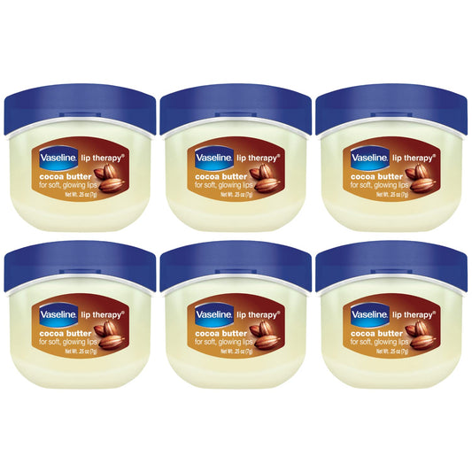 Vaseline Lip Therapy Cocoa Butter mini jar close-up showing smooth lips.