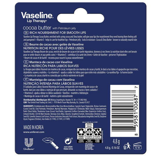 Vaseline Lip Therapy Cocoa Butter pack offers convenient multi-pack for on-the-go lip care.