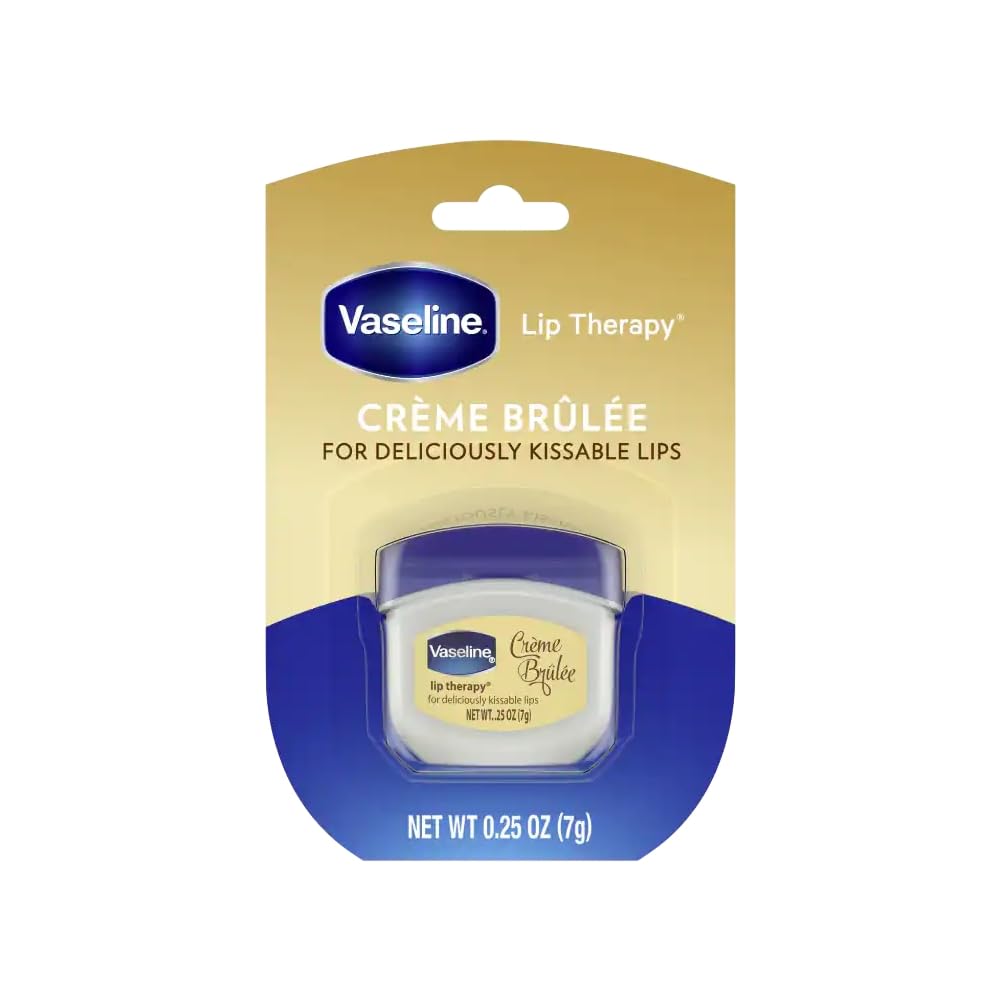 Vaseline Lip Therapy Creme Brulee balm in a compact jar, soothing dry lips.