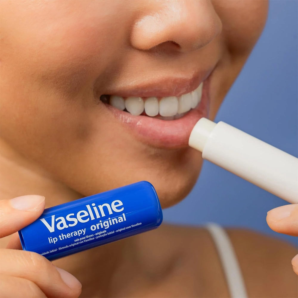 Original balm on lips provides clear moisture for everyday use.