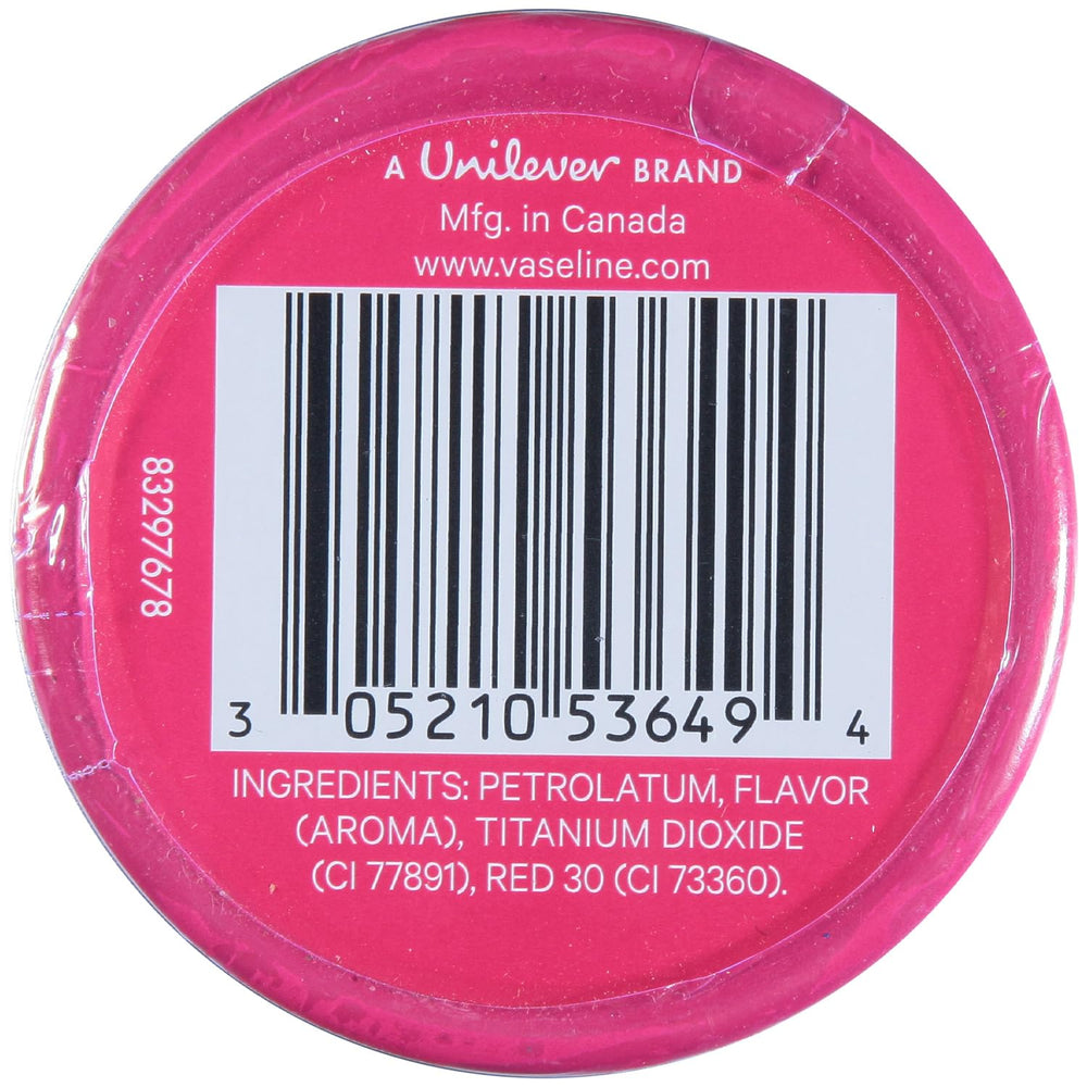 Close-up of Vaseline Lip Therapy Rosy Lips Tin showing tinted balm on lips