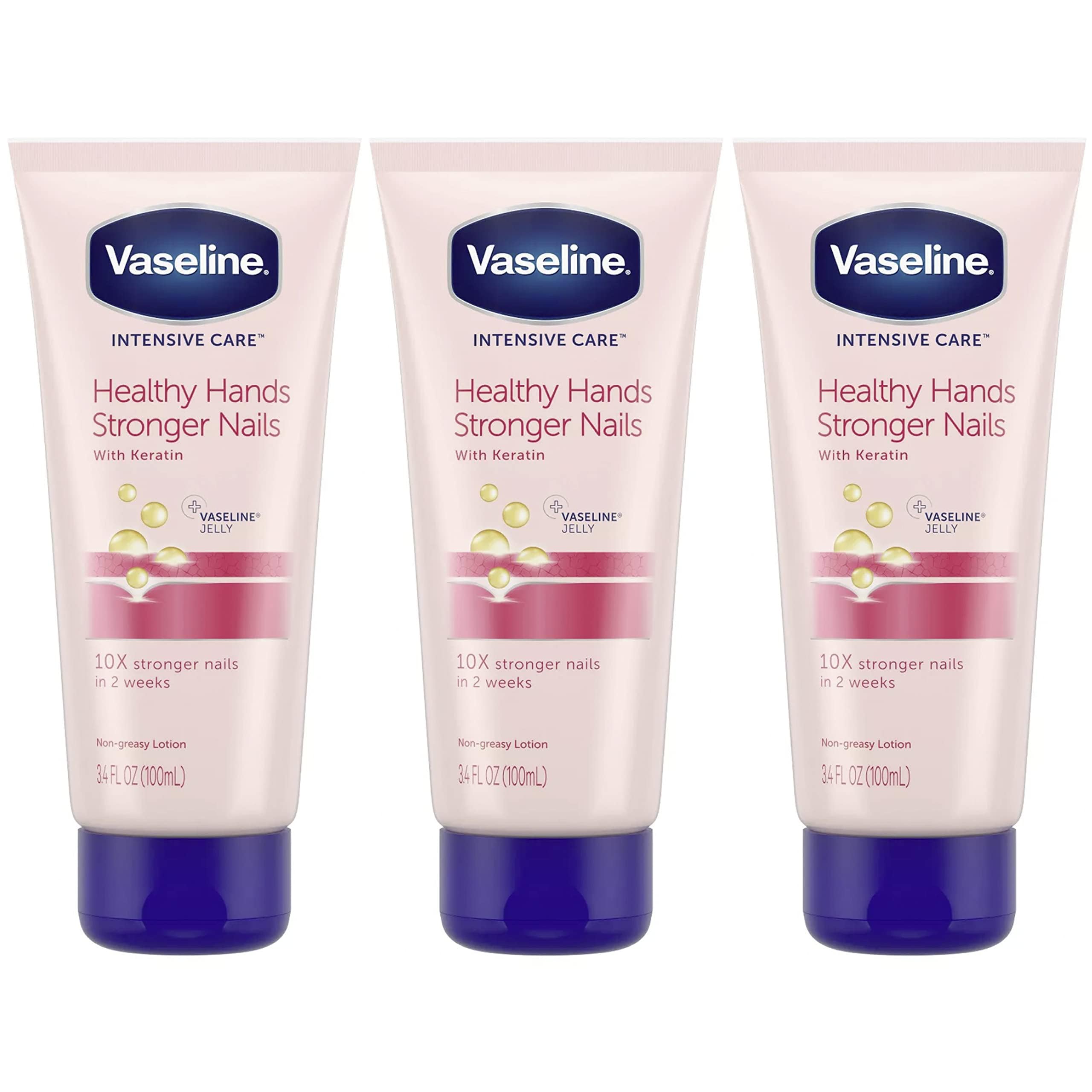 Vaseline Keratin Nail Strength lotion on nails and cuticles for potential strengthening and hydration.