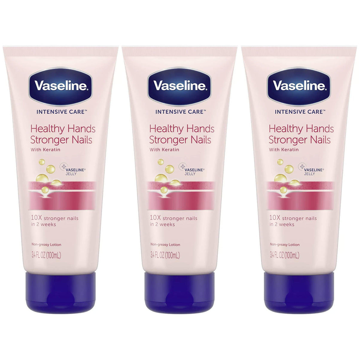 Vaseline Keratin Nail Strength lotion on nails and cuticles for potential strengthening and hydration.