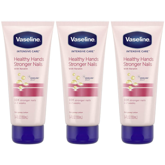 Vaseline Keratin Nail Strength lotion on nails and cuticles for potential strengthening and hydration.