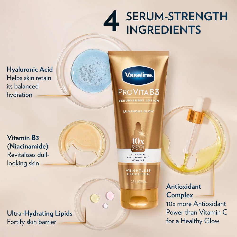 Ingredients highlight hyaluronic acid and niacinamide in Vaseline Luminous Glow