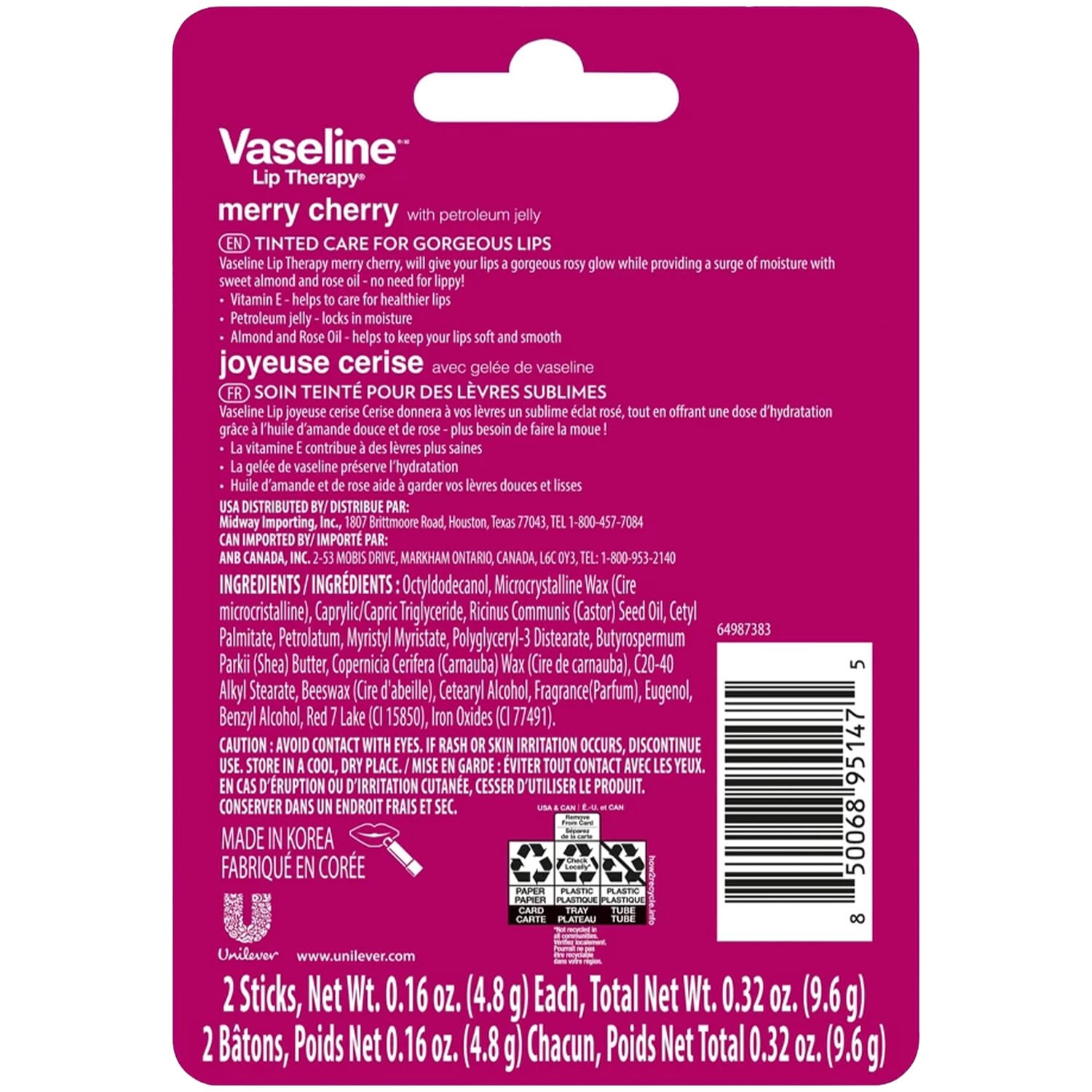 Vaseline Merry Cherry lip balm stick delivering long-lasting moisture and cherry scent.