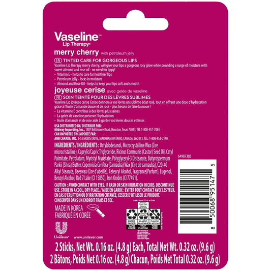 Vaseline Merry Cherry lip balm stick delivering long-lasting moisture and cherry scent.