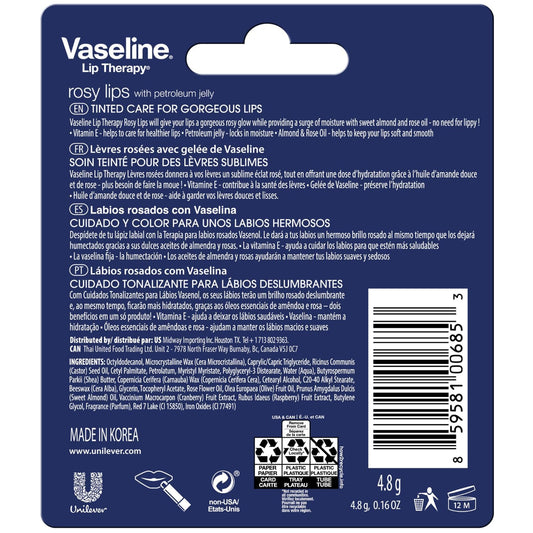 Vaseline Rosy Lips balm tube close-up showing creamy texture