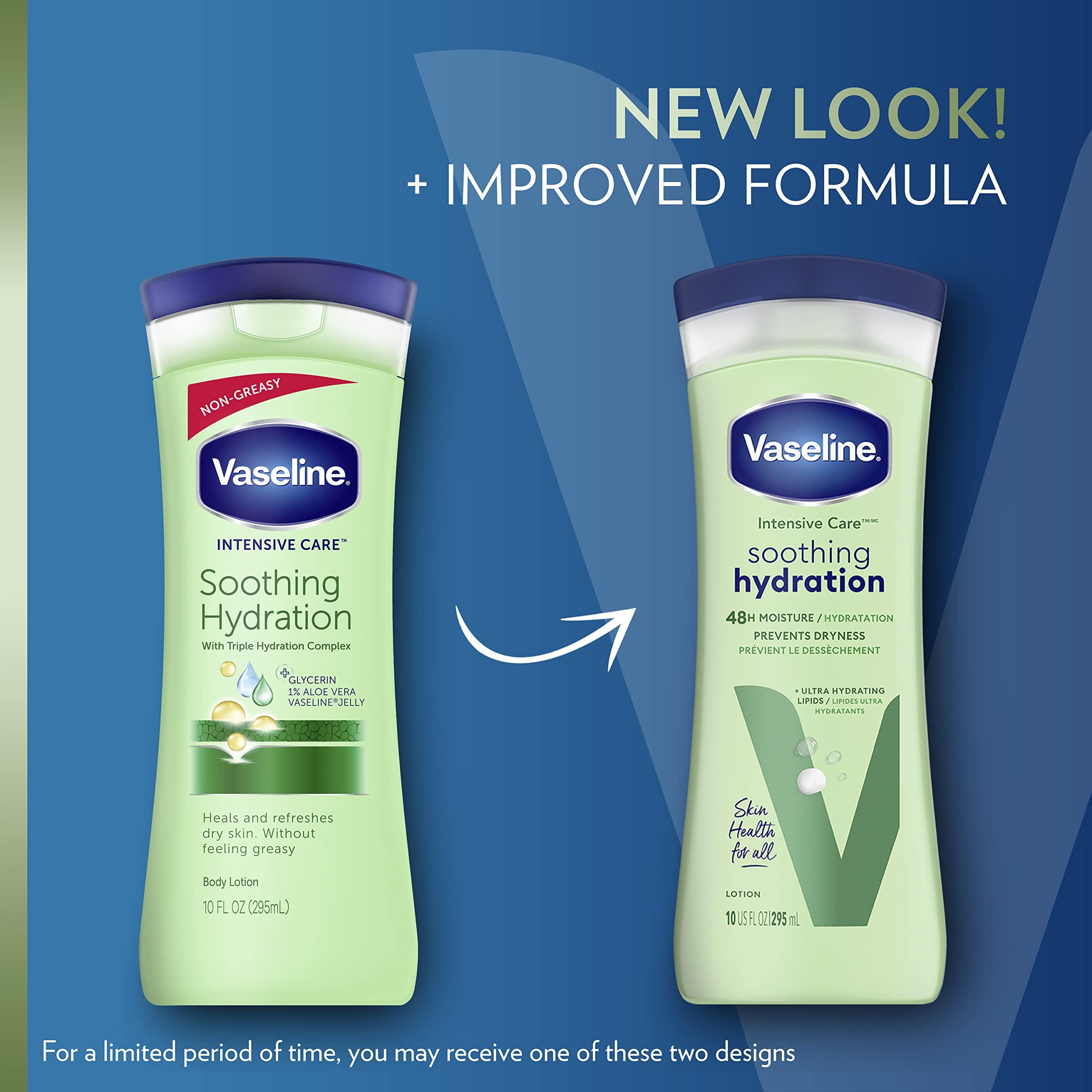 Vaseline Soothing Hydration lotion being poured shows texture and aloe