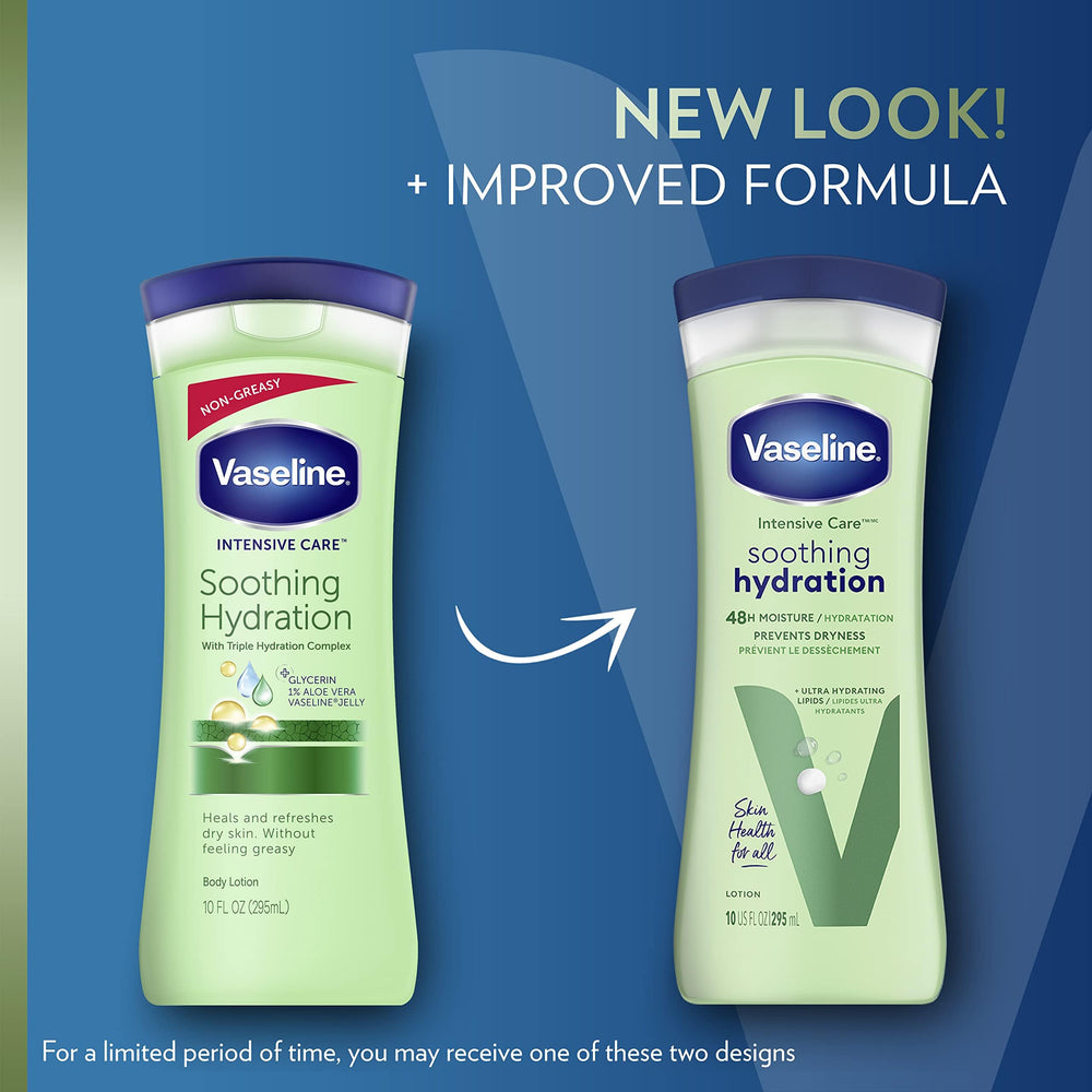Vaseline Soothing Hydration lotion being poured shows texture and aloe