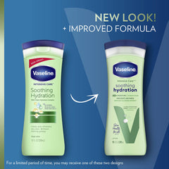 Vaseline Soothing Hydration lotion being poured shows texture and aloe