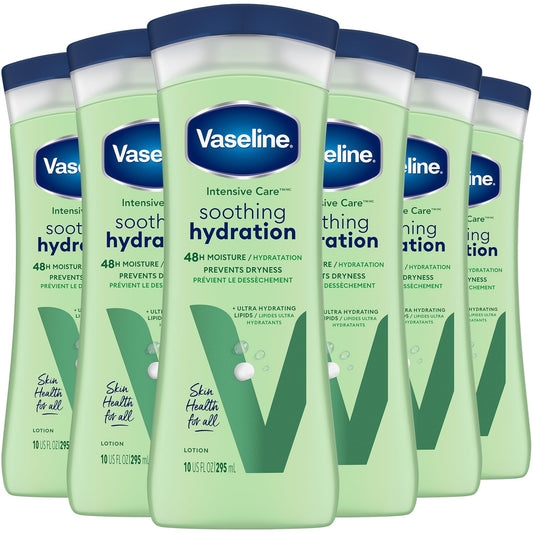 Vaseline Soothing Hydration box set displays six bottles for home use