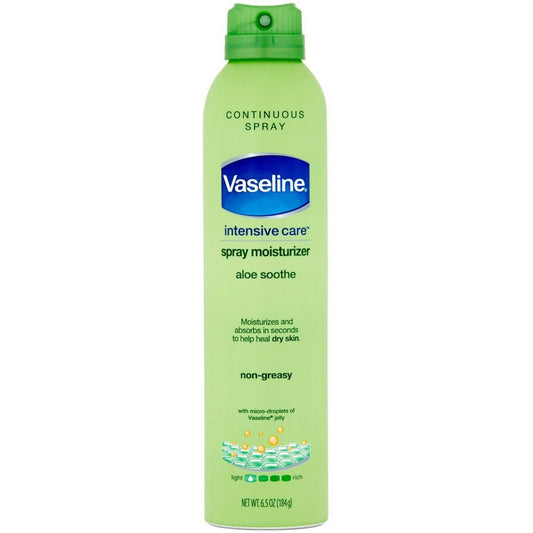 Vaseline Spray & Go Aloe Fresh bottle applying quick, non-greasy hydration for dry skin.