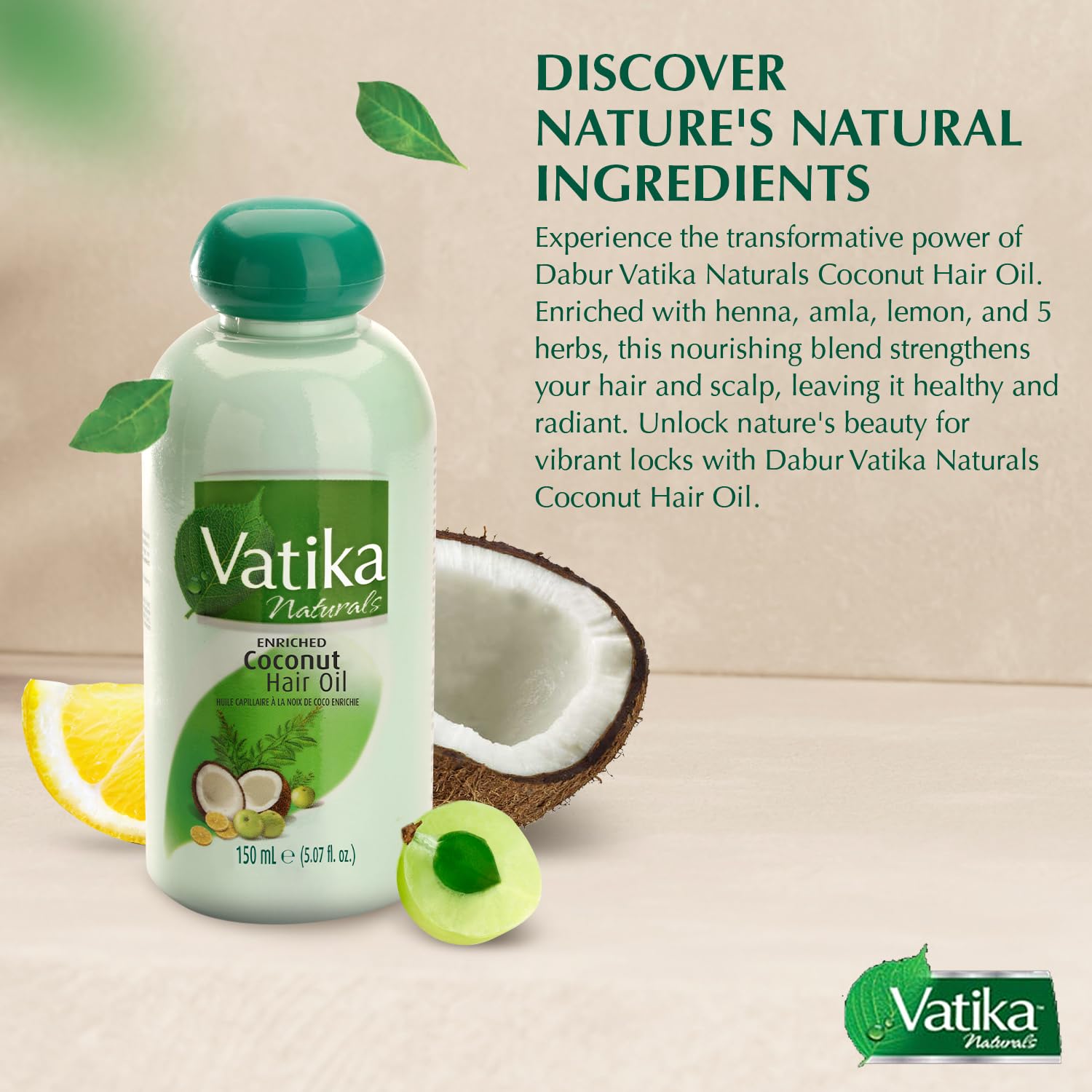 Vatika Dabur coconut oil hair nourishment close-up showing herbal blend.