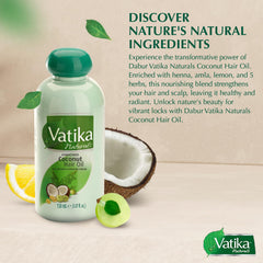 Vatika Dabur coconut oil hair nourishment close-up showing herbal blend.
