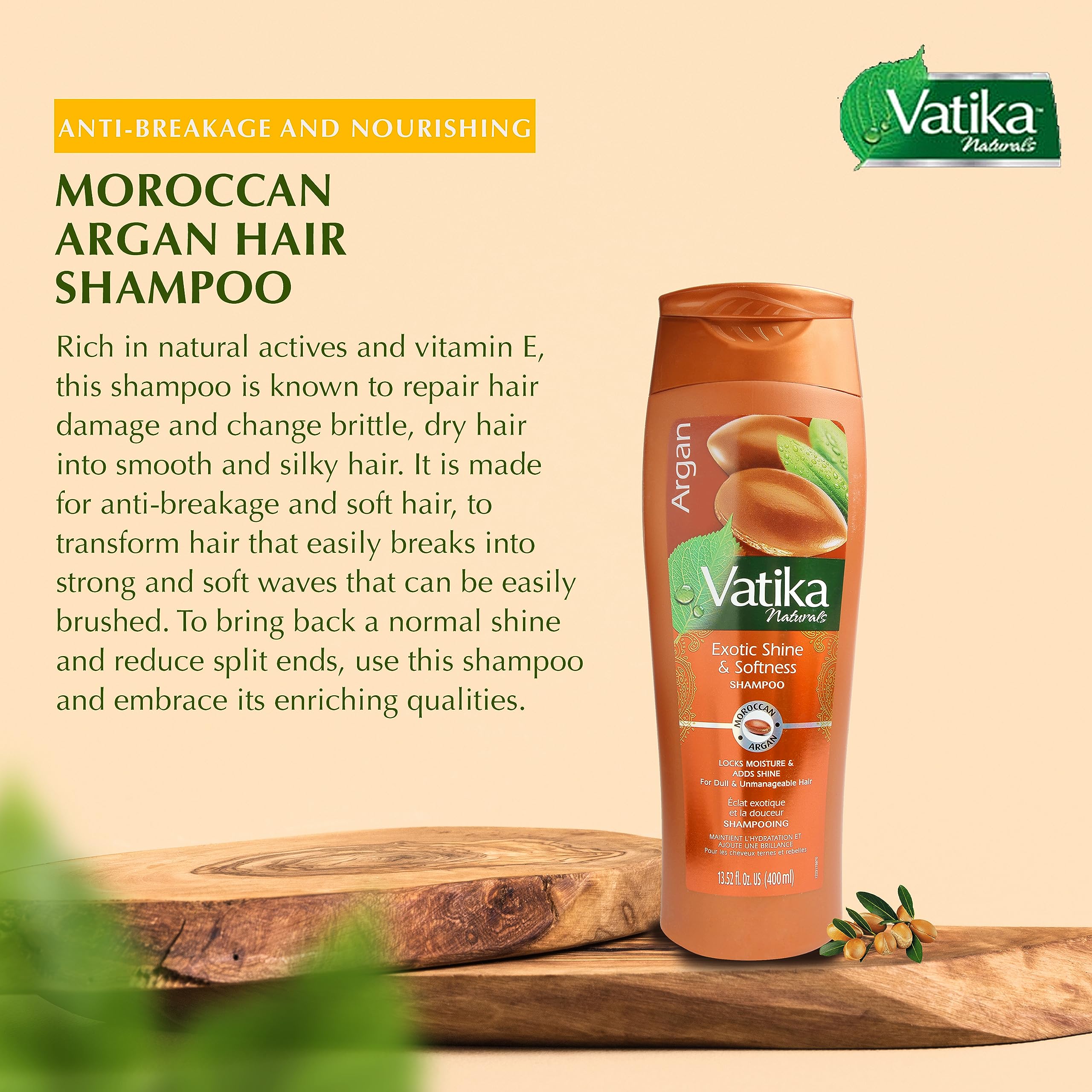 Vatika Naturals Argan Oil Shampoo close-up with argan oil droplets.