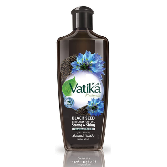 Vatika Naturals Dabur Enriched Black Seed Hair Oil bottle pouring to nourish scalp.