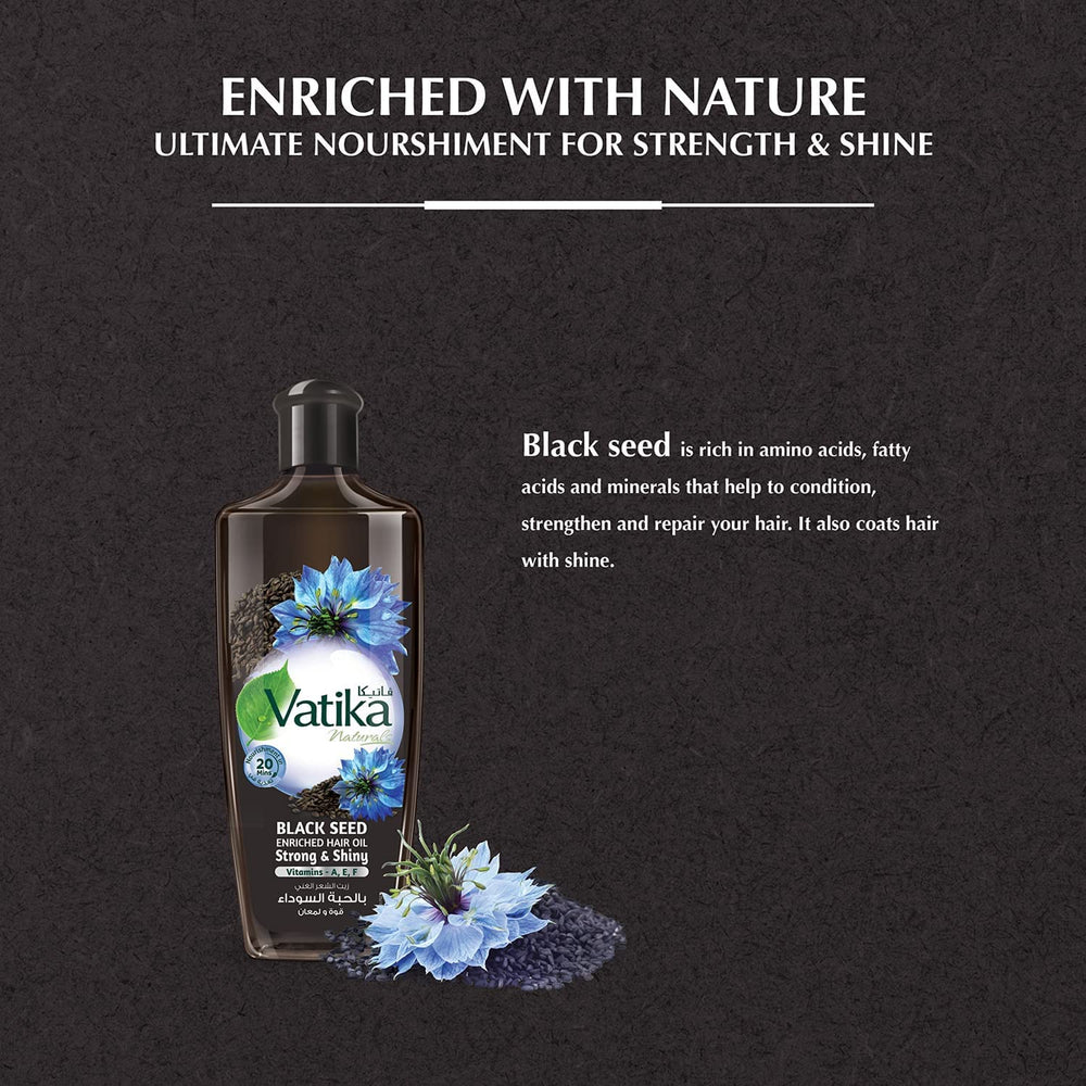 Vatika Naturals Dabur Enriched Black Seed Hair Oil massaged into scalp for moisture.