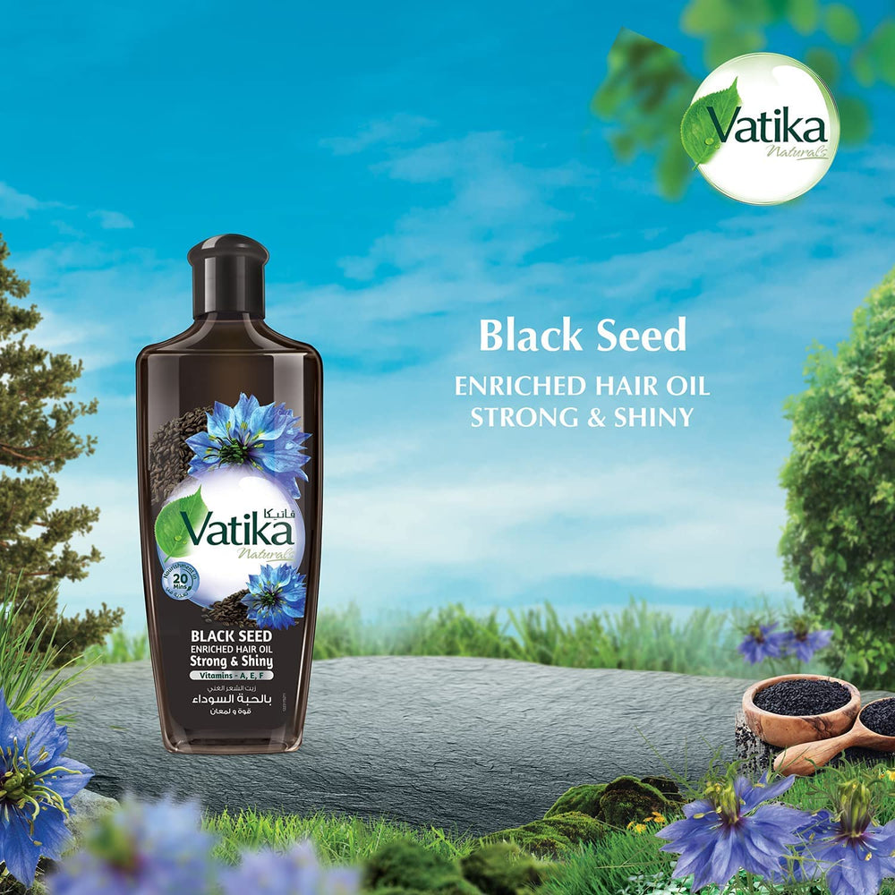 Vatika Naturals Dabur Enriched Black Seed Hair Oil packaging showing 300 ml.