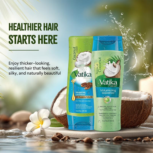 Vatika Naturals Coconut Conditioner bottle pouring, smooth detangling and frizz reduction.