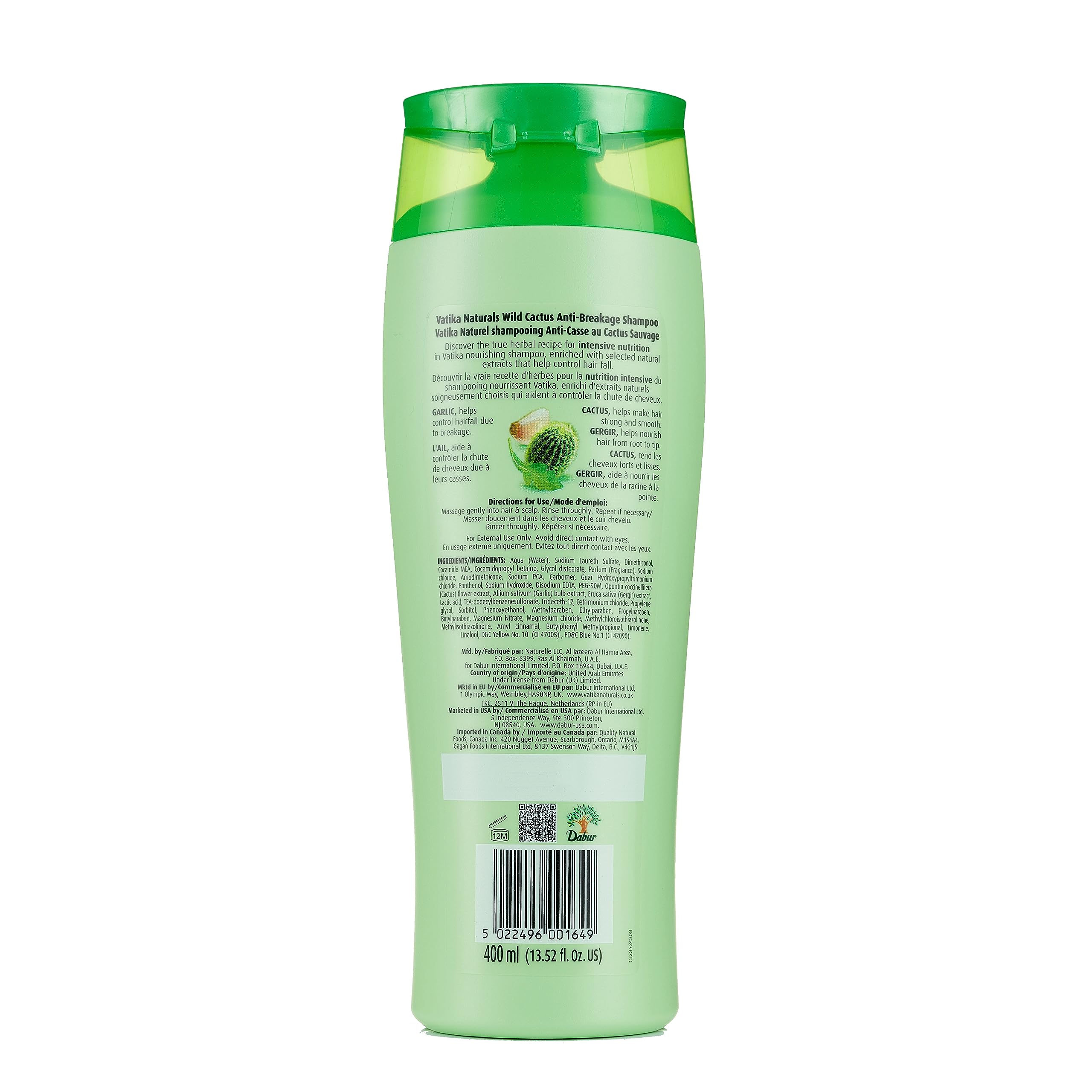 Vatika Naturals Daily Shampoo ingredients graphic showing garlic and cactus for strength.