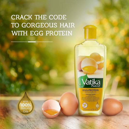 Vatika Naturals Egg Protein Hair Oil essence closeup highlights protein-rich care for strong strands.