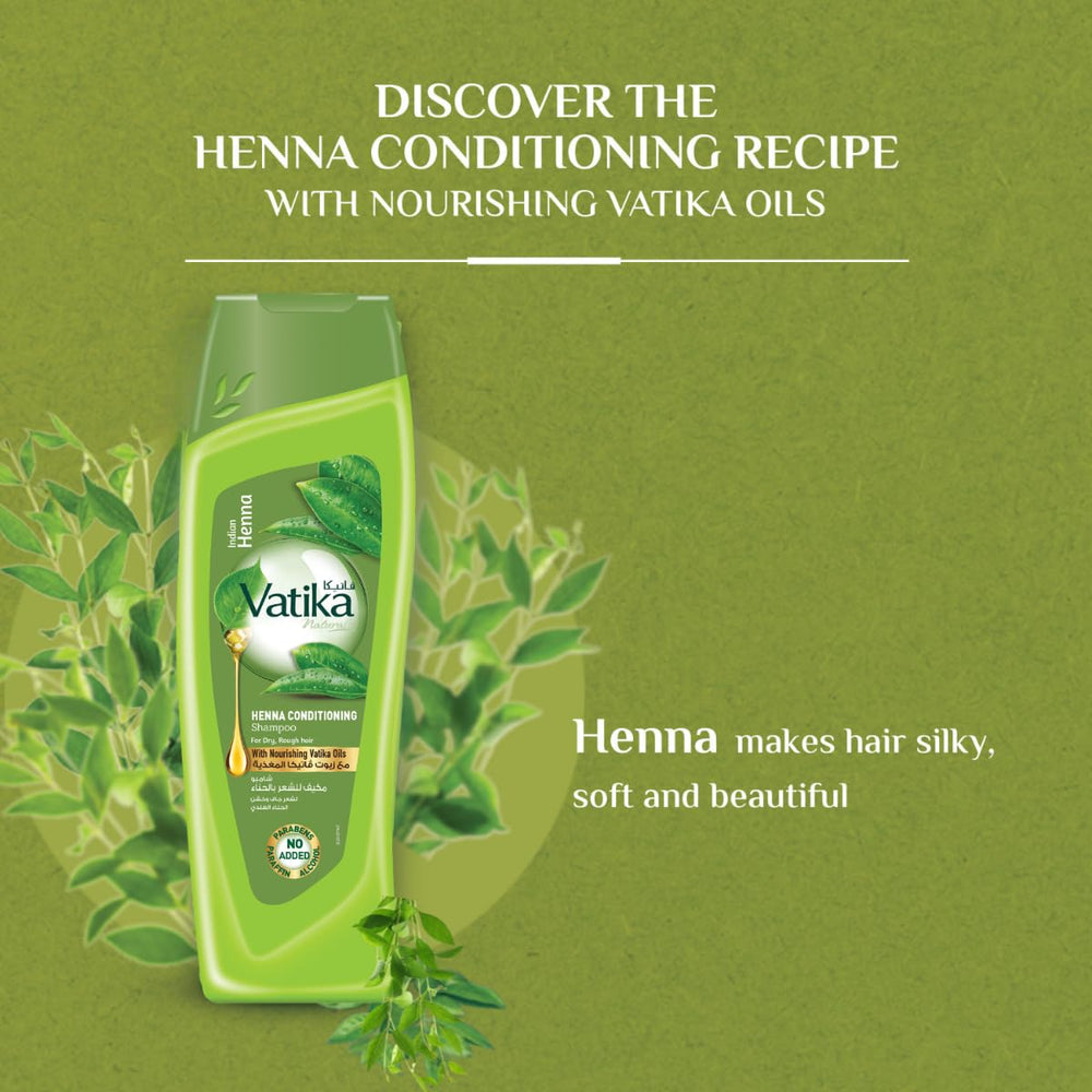 Close-up of Vatika Naturals Henna Conditioning Shampoo bottle with natural ingredients