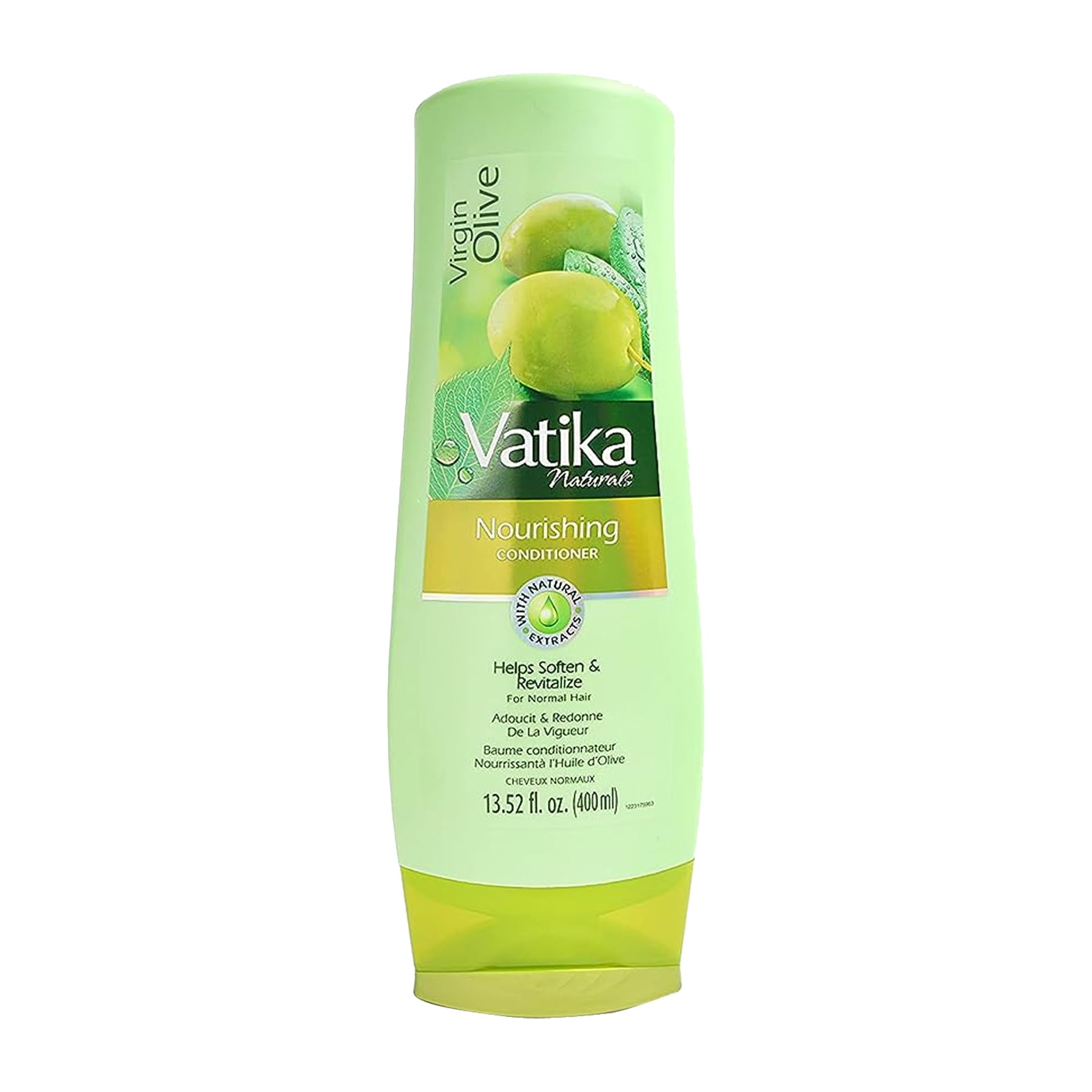 Vatika Naturals Moisturizing Conditioner bottle close-up highlighting olive hydration.