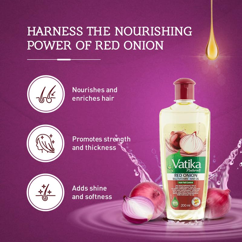 Vatika Naturals Red Onion extracts close-up emphasizing natural nourishment benefits.