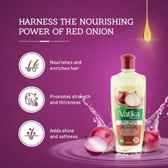 Vatika Naturals Red Onion extracts close-up emphasizing natural nourishment benefits.