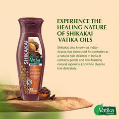 Vatika Naturals Shikakai Shampoo massaged into scalp for soothing hydration.