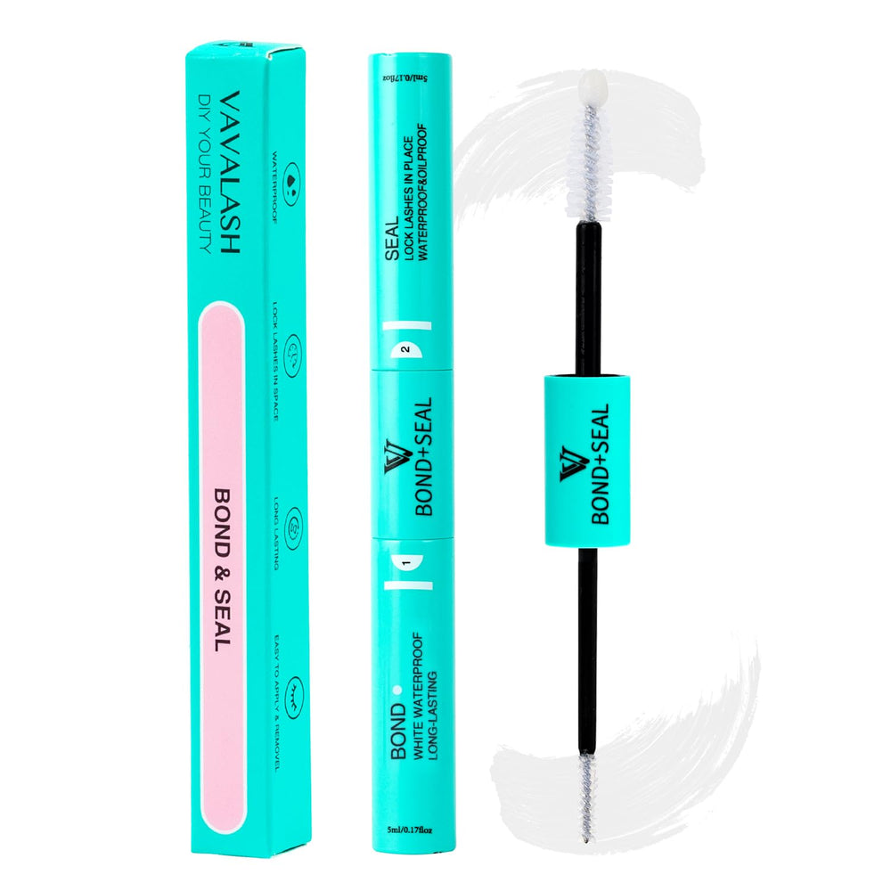 VAVALASH Bond and Seal 2in1 bottle pour highlights the dual-ended design for simple DIY lash care.