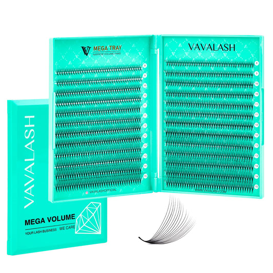 VAVALASH premade fans with 6D-16D range and slim bases for volume lash work