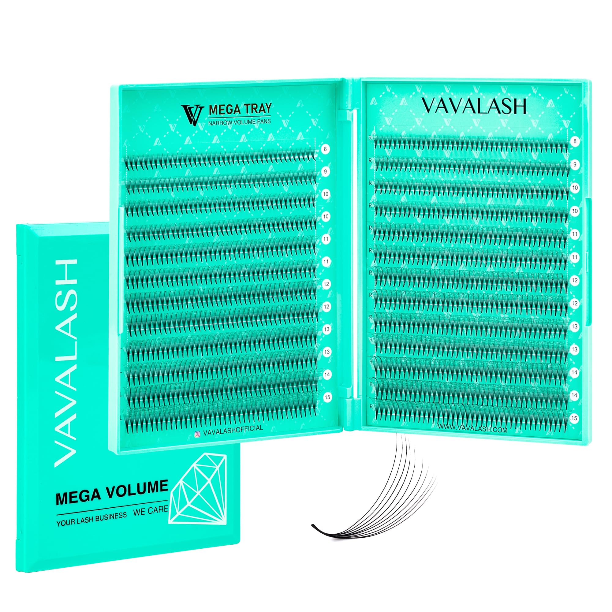 VAVALASH premade fans on a tray showing 6D-16D density for volume lashes.